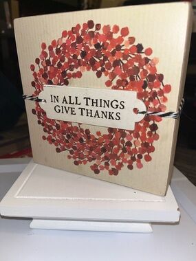Give Thanks Red Wreath Decorative Block Sign -